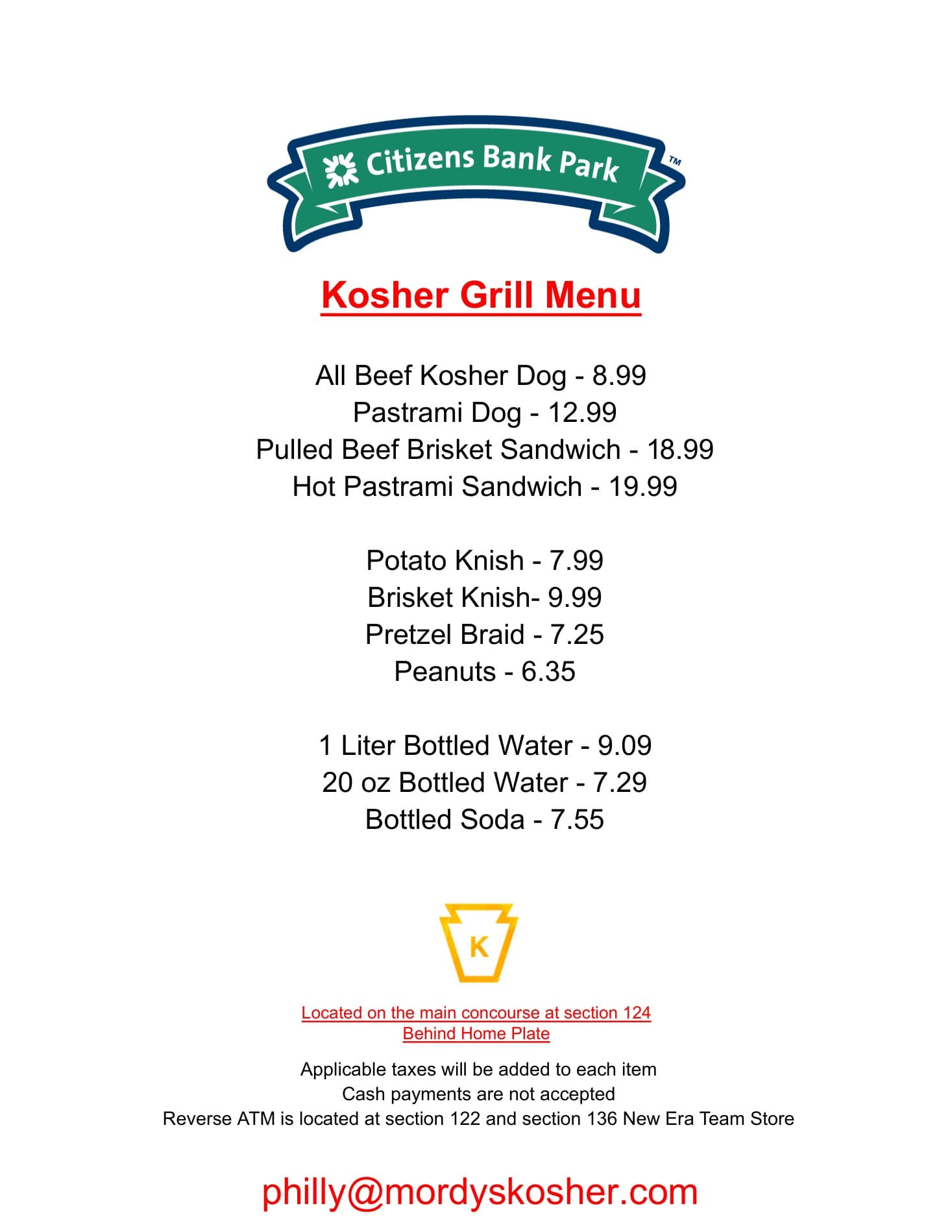 Citizens Bank Park menu.